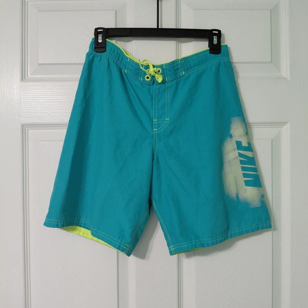 Nike Boys Youth Swim Shorts Logo Print Green Medium Elastic Waist